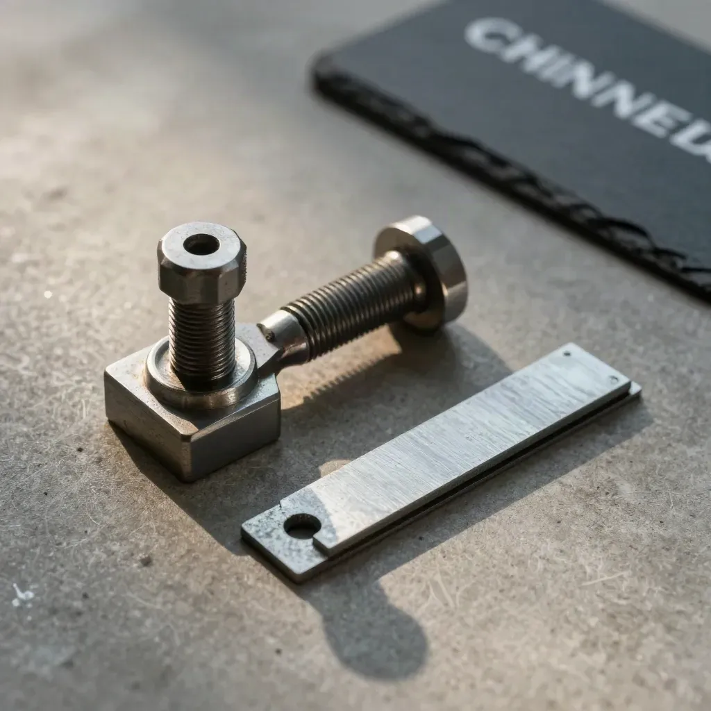 Rail gauge, coupling pin, and shim pack on brushed concrete, lit dramatically.
