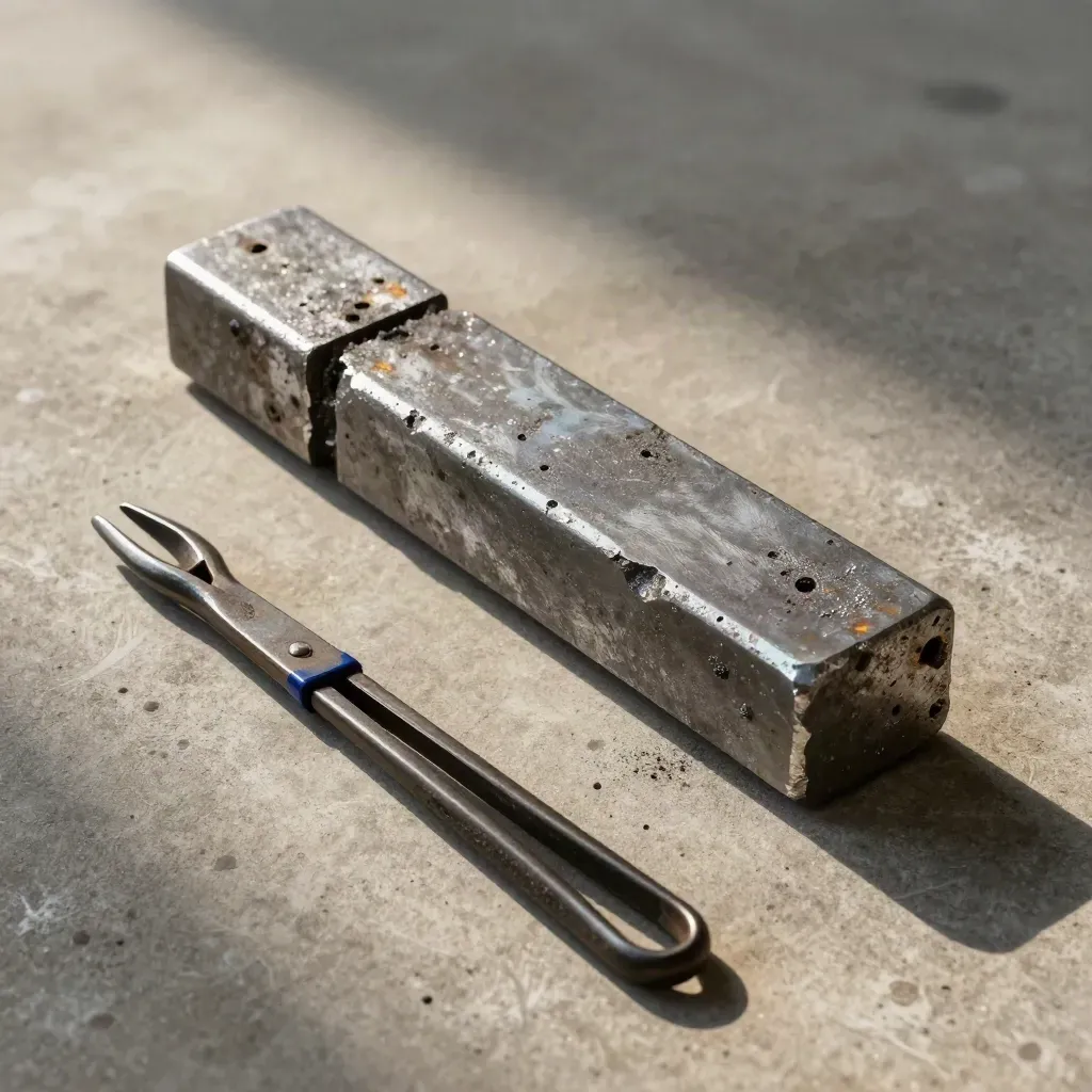 Steel billet, tongs, and casting sprue on warm concrete with smoky light