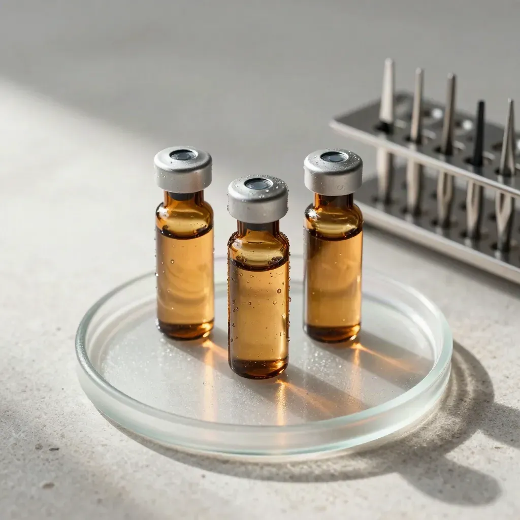 Amber vials, pipette tips, and frosted glass lid on pale stone in cool lab light