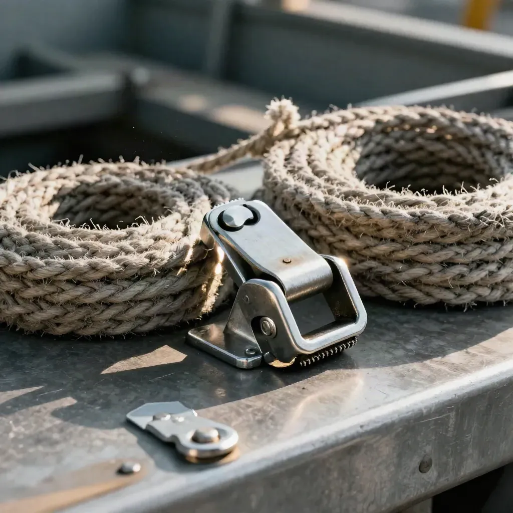 Ratchet buckle, corner protectors, and dock twine on brushed metal in soft warehouse light.