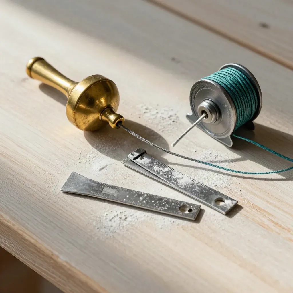Brass plumb bob, chalk line reel and zinc wedges on pale wood, dusted with plaster.