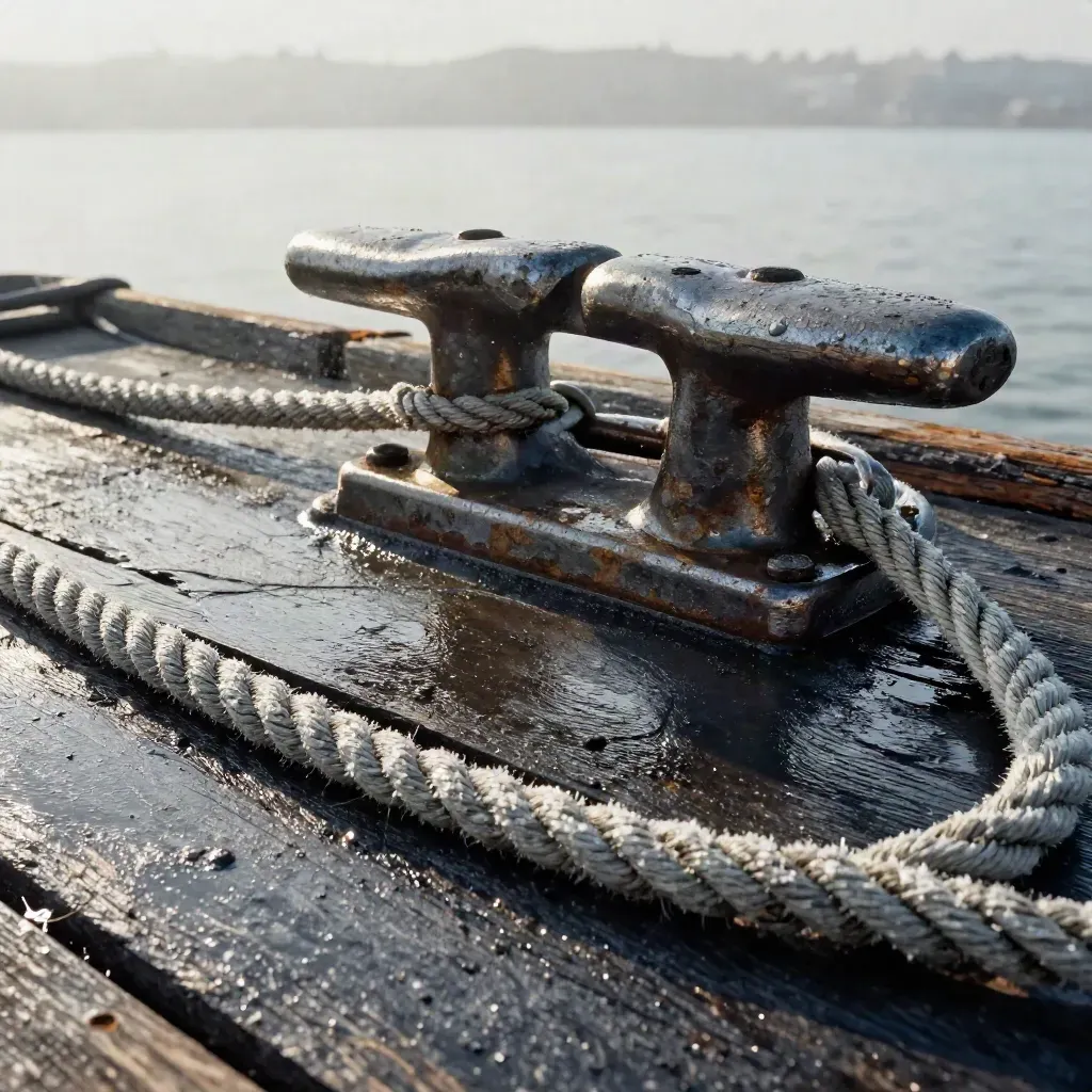 Mooring shackle, deck cleat, and salt-wet rope on dock timber in misty light.