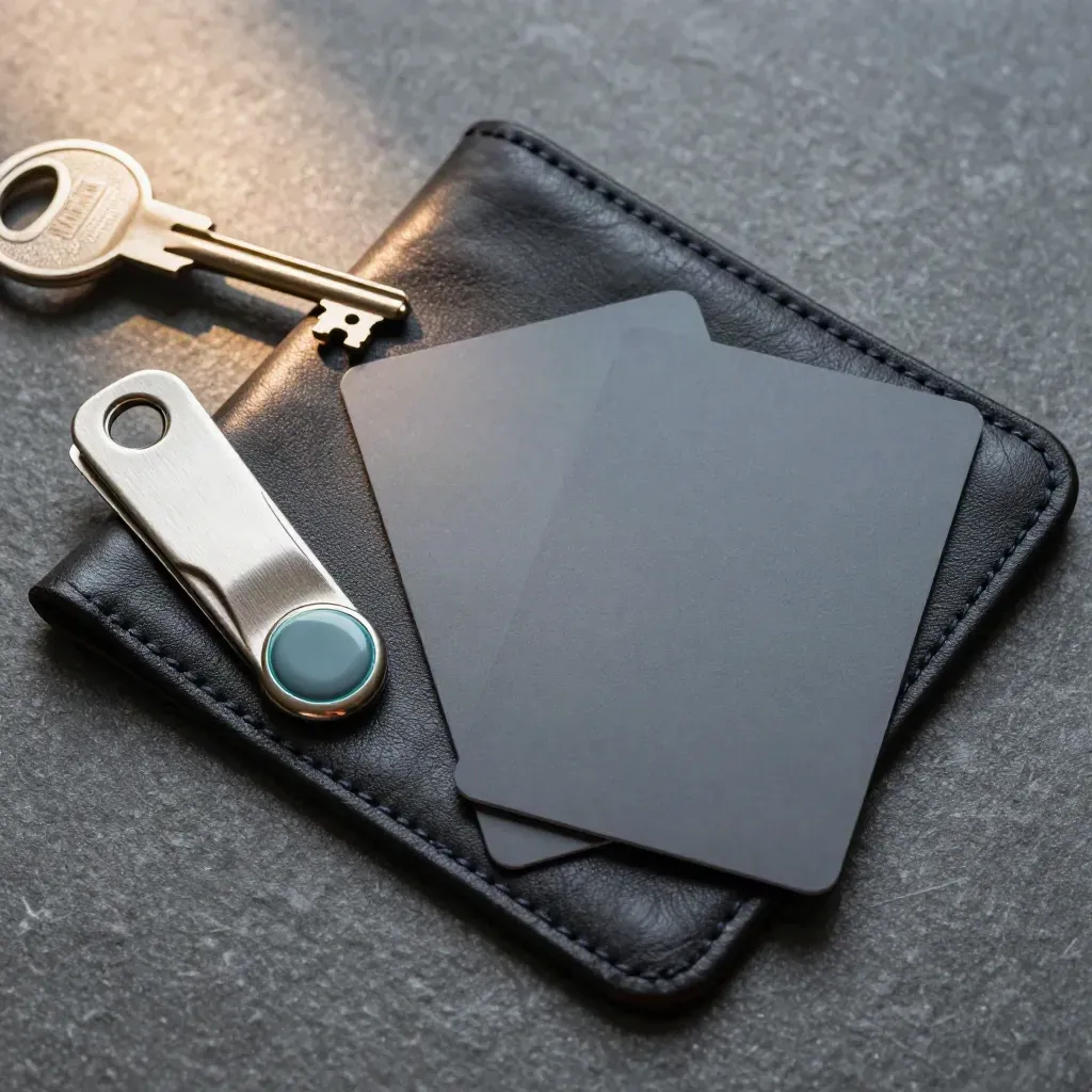 Top-down macro of blank contactless cards in a leather sleeve beside a metal clip and NFC token.