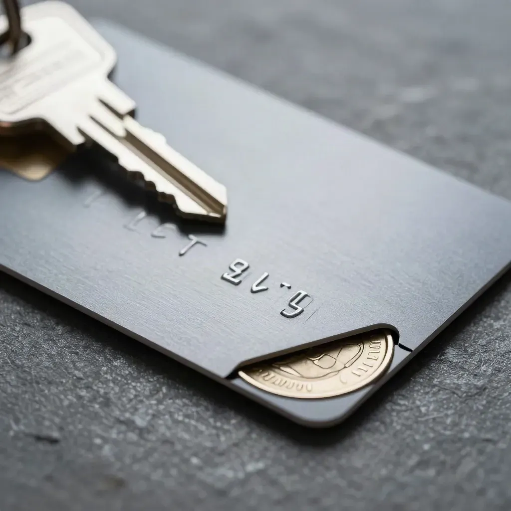 Two blank payment cards offset by a steel spacer on dark stone, lit dramatically.