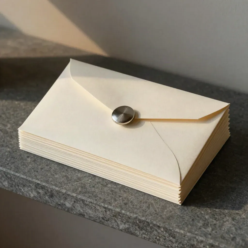 Top-down stack of blank payment envelopes with a steel clip and pewter paperweight on slate stone.