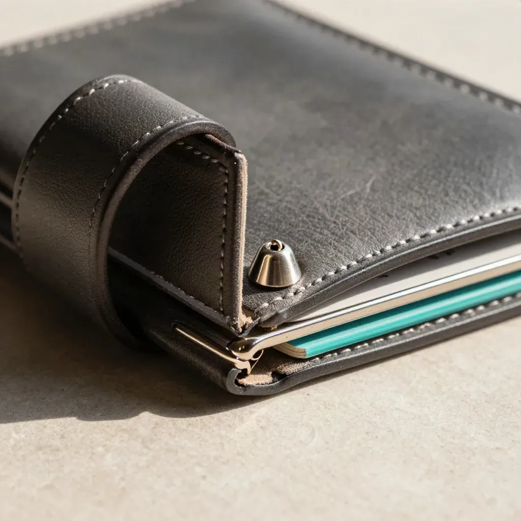 Macro of a wallet insert with an open spring clasp, lifted card edge, and tiny bell token on stone.