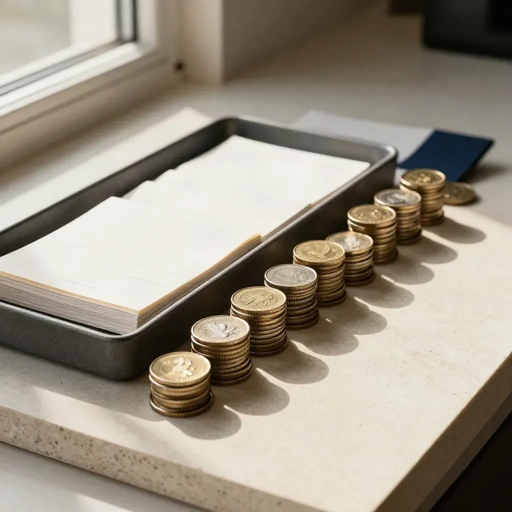 Receipt sleeves and coin stacks in a divided tray on stone, lit by soft window light.