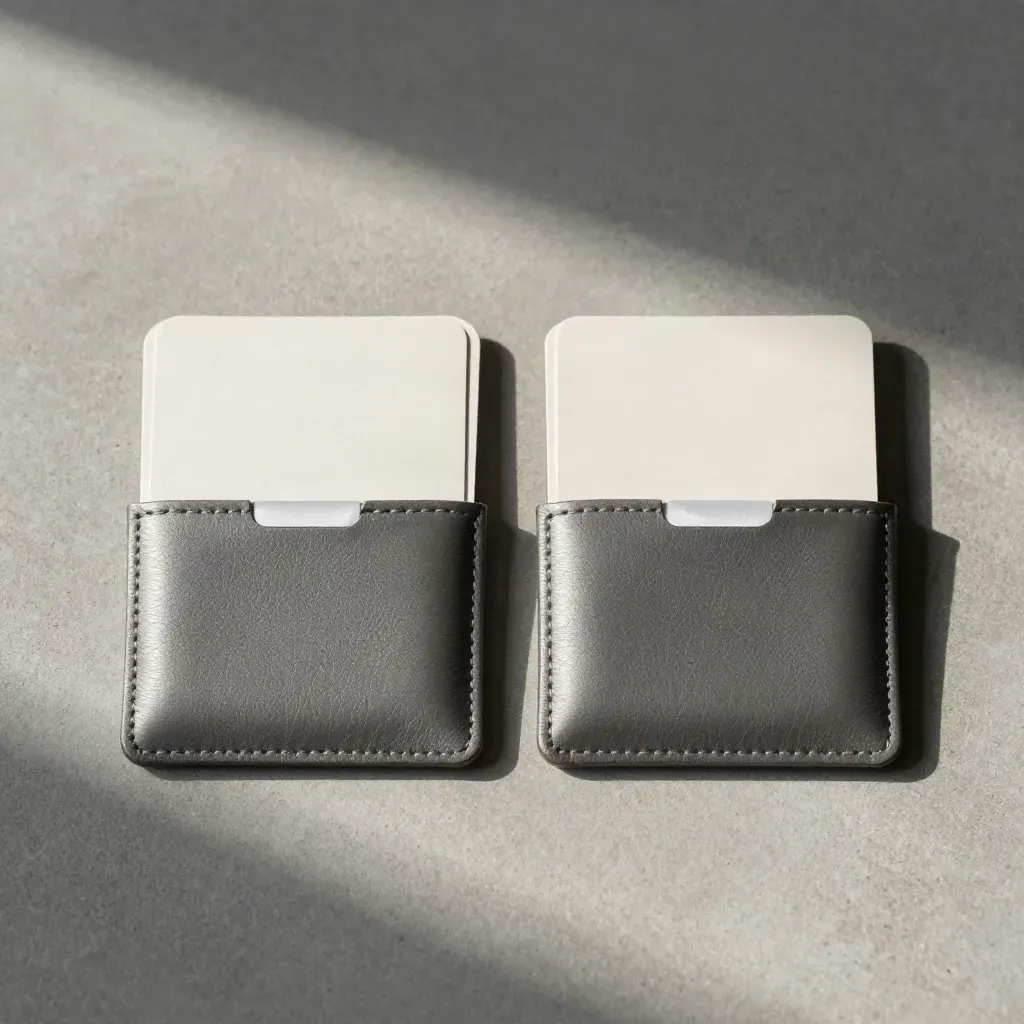 Symmetric card sleeves with blank cards and a divider tab on pale stone