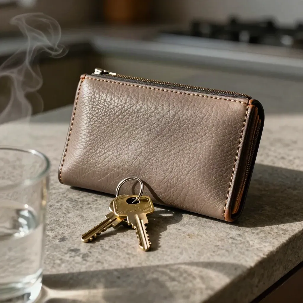 Leather wallet, keys and transit sleeve on stone counter seen through a blurred glass rim.
