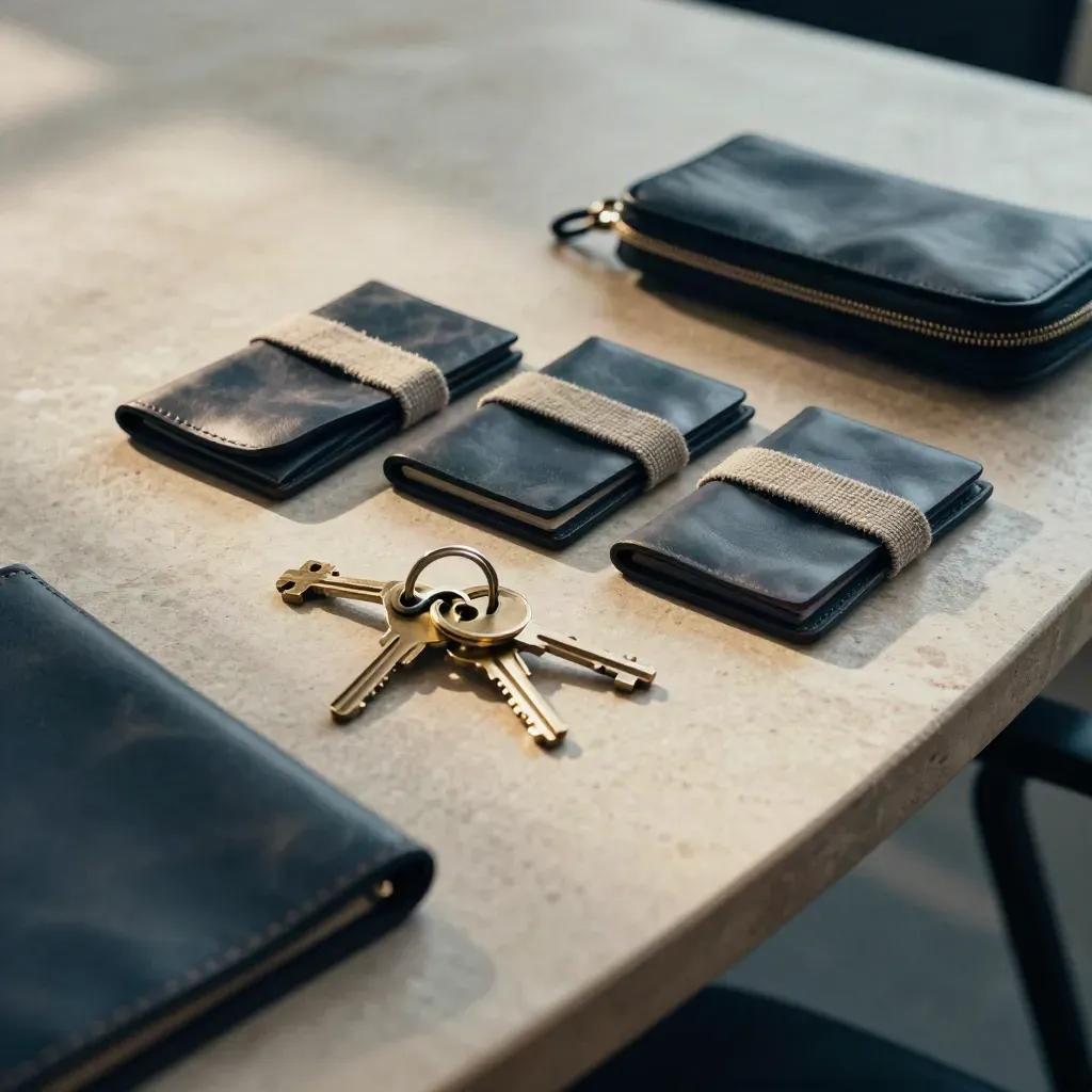 Overhead still life of card sleeves, brass keys, and a zip pouch on stone.