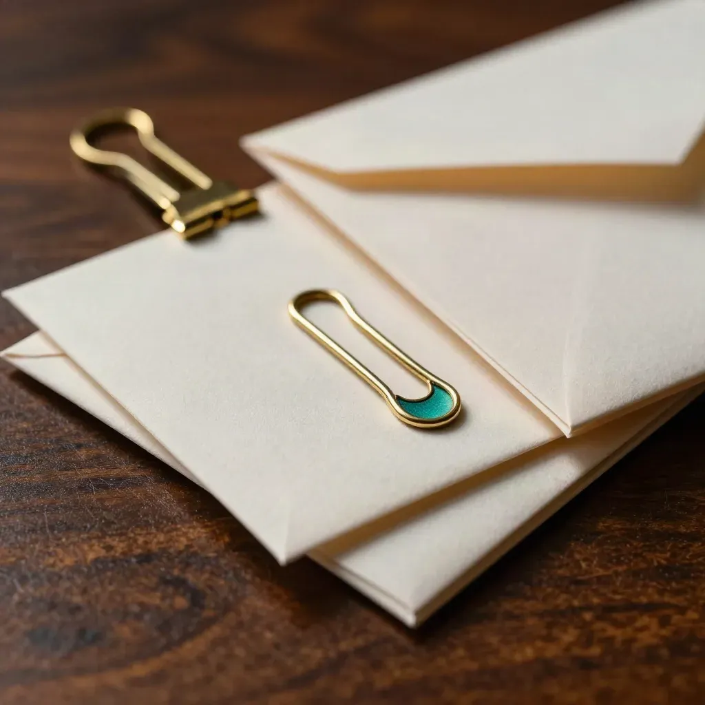 Macro still life of card sleeves, brass clip, and sealed envelopes on dark wood.
