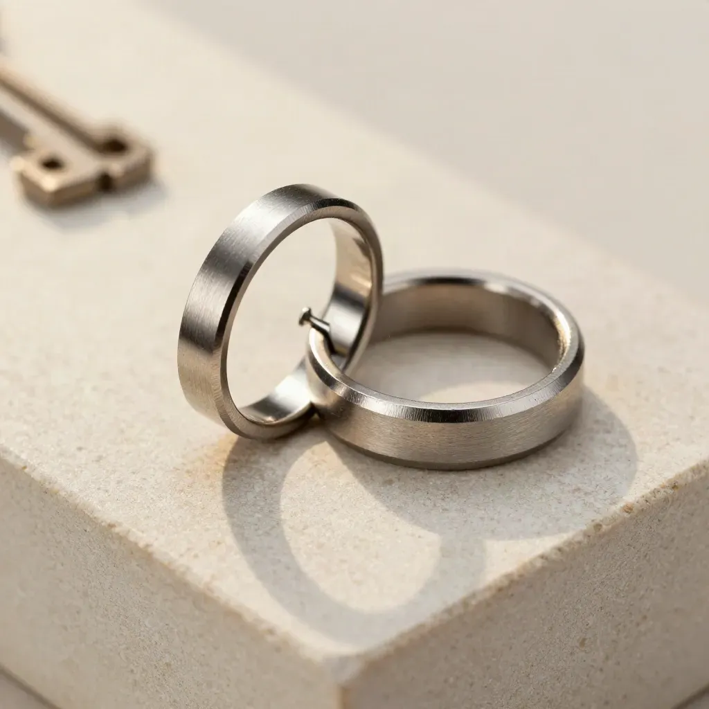 Interlocked steel rings and pin on pale stone, lit with cool glints.