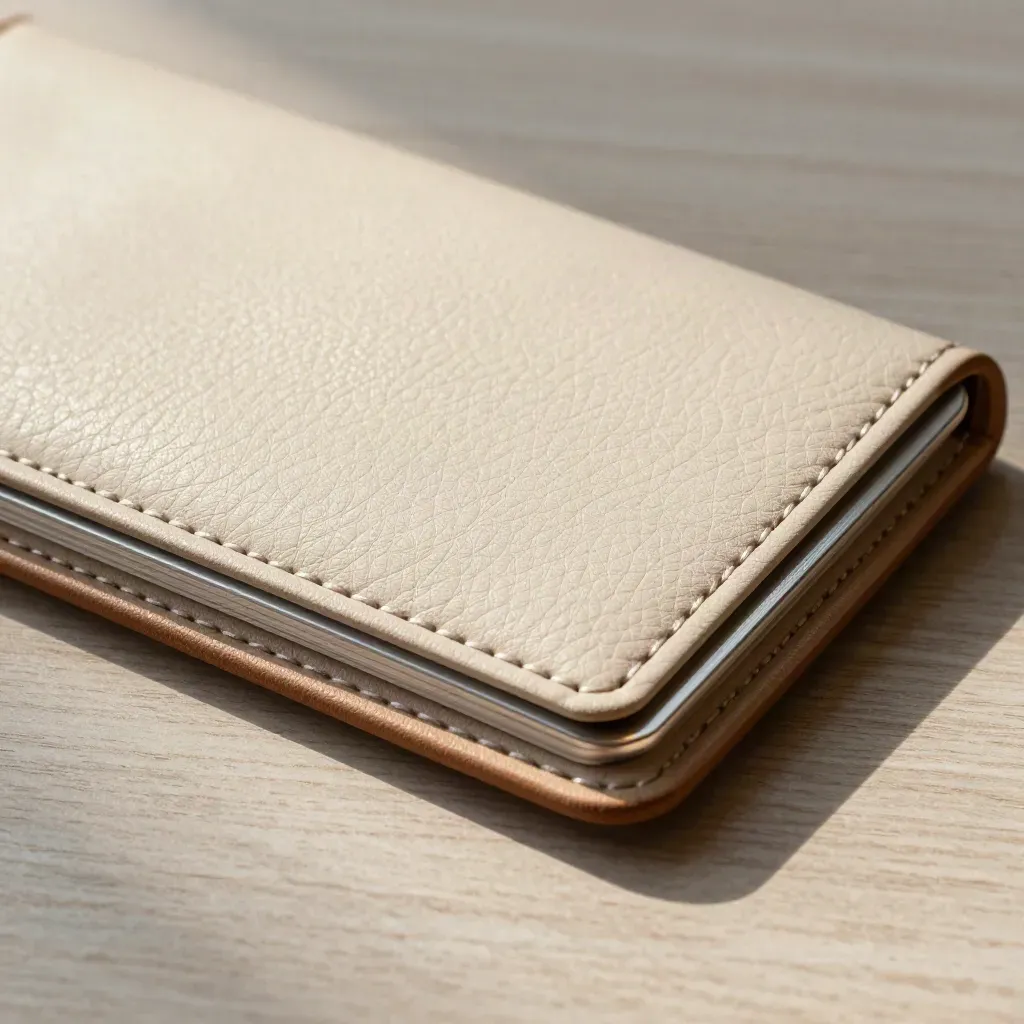 Macro of blank card edges, leather grain and a metal divider tab on pale wood