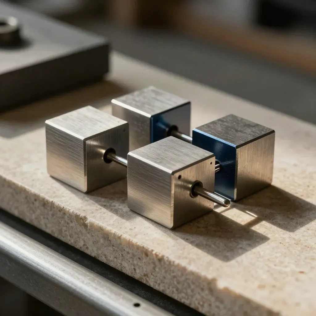 Three brushed-metal modular blocks linked by a pin and ring on warm limestone, lit dramatically.