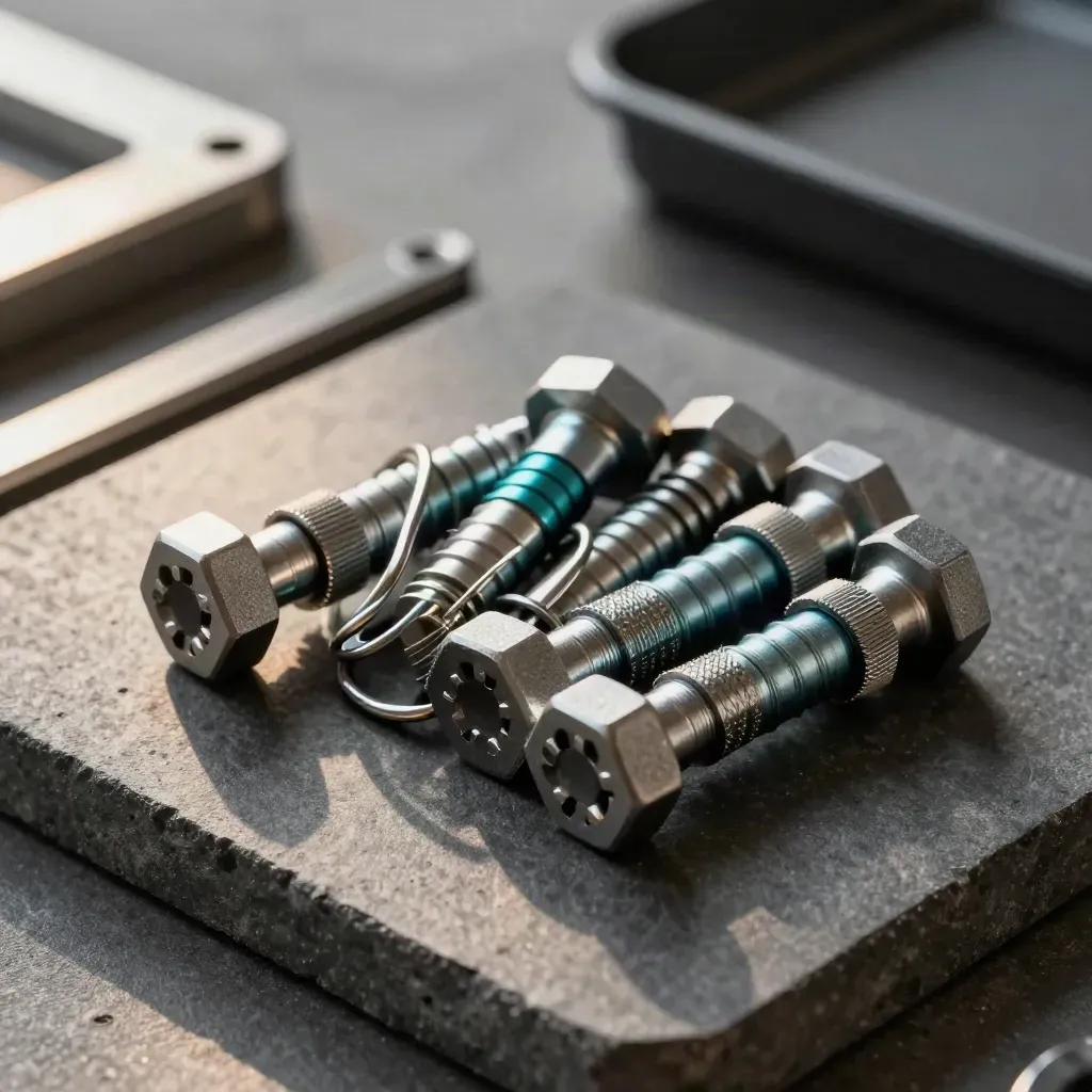 Overhead still life of hex fasteners, a split ring, and precision connectors on graphite stone.