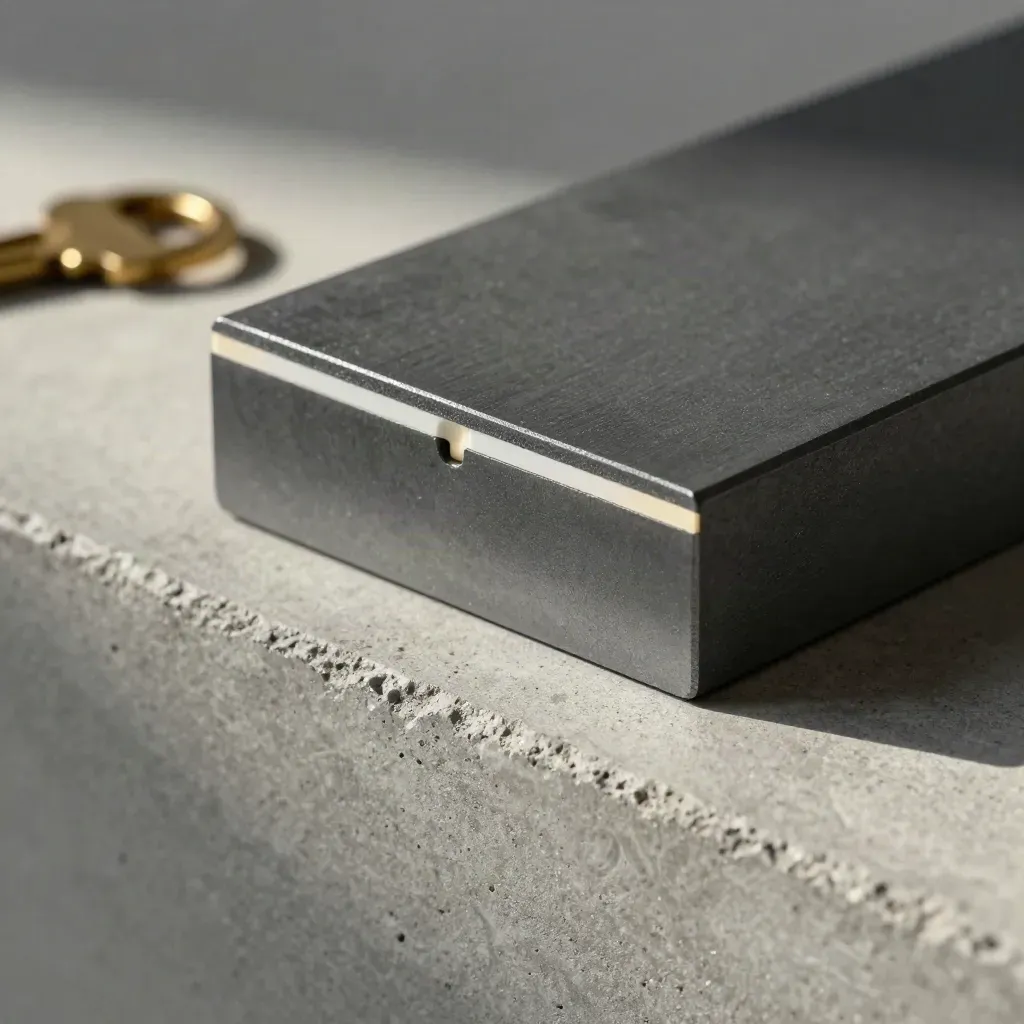 Graphite blocks joined by a thin white spacer on concrete, lit by raking golden light.