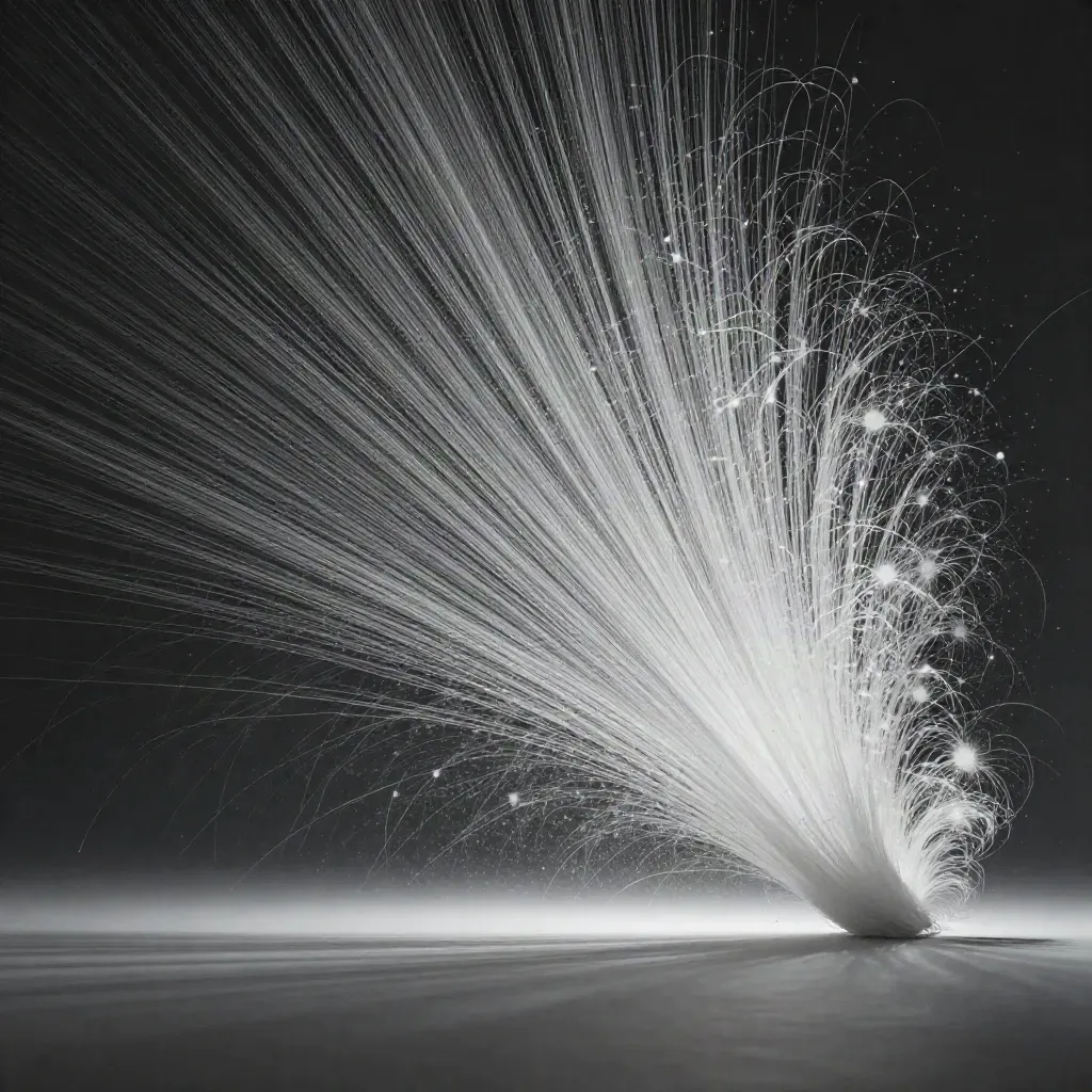 Silver filaments converging into a soft white bloom in dark space